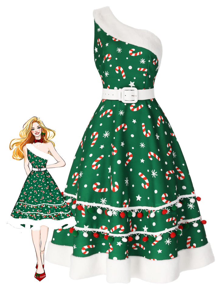 She slips into this 1950s Candy Cane One-Shoulder Dress and suddenly it&