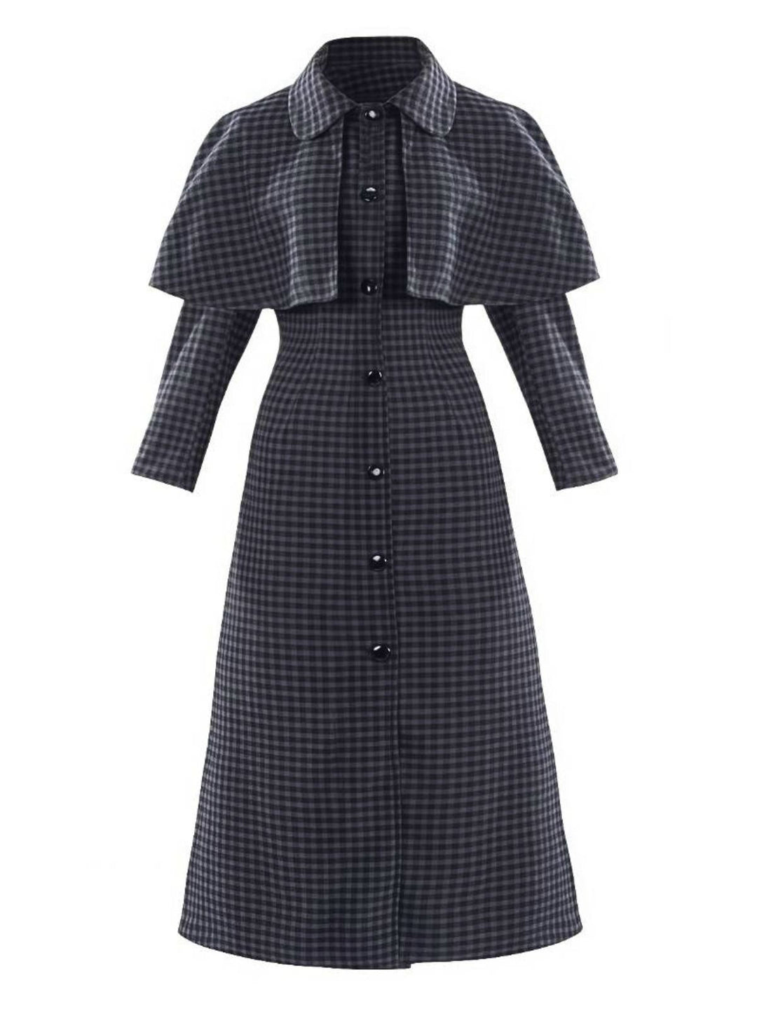 Gray 1950s Halloween Wednesday Plaid Faux-Wool Cape Coat - vintage fashion, retro style