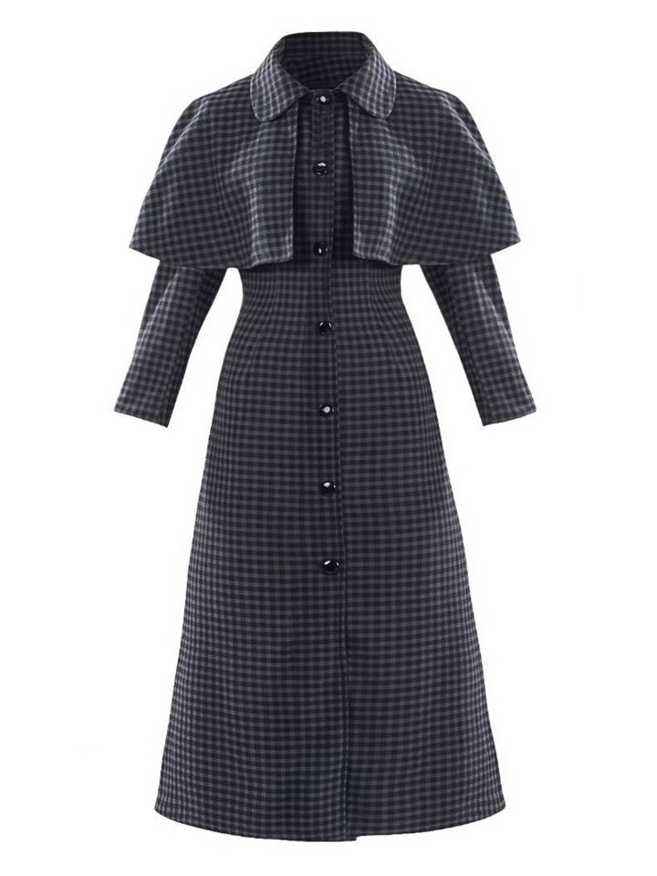 Gray 1950s Halloween Wednesday Plaid Faux-Wool Cape Coat - vintage fashion, retro style