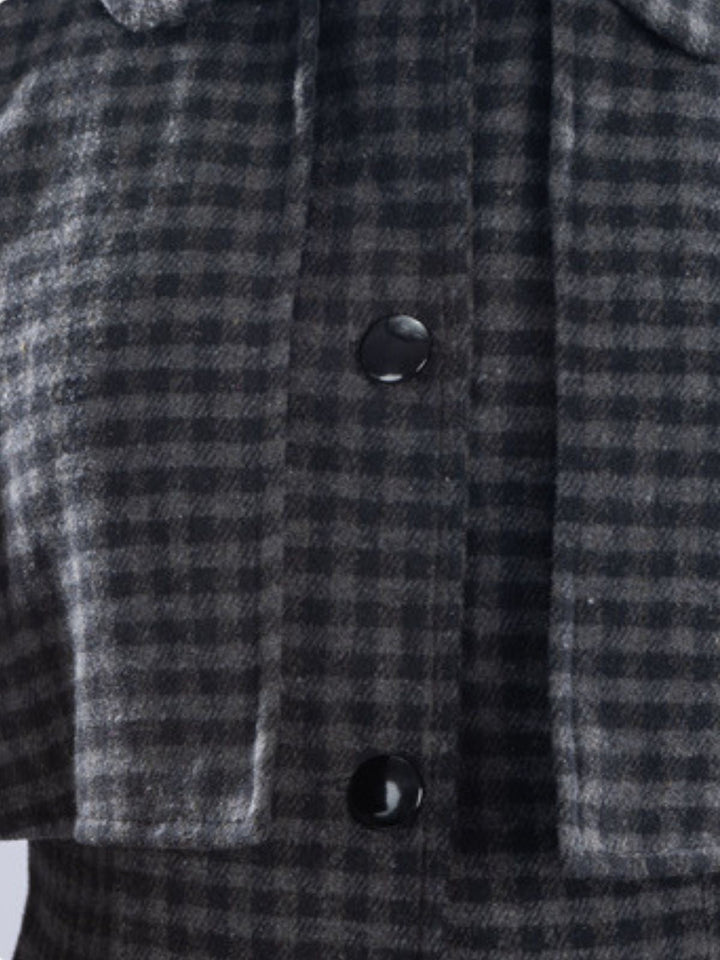 Gray 1950s Halloween Wednesday Plaid Faux-Wool Cape Coat - vintage fashion, retro style