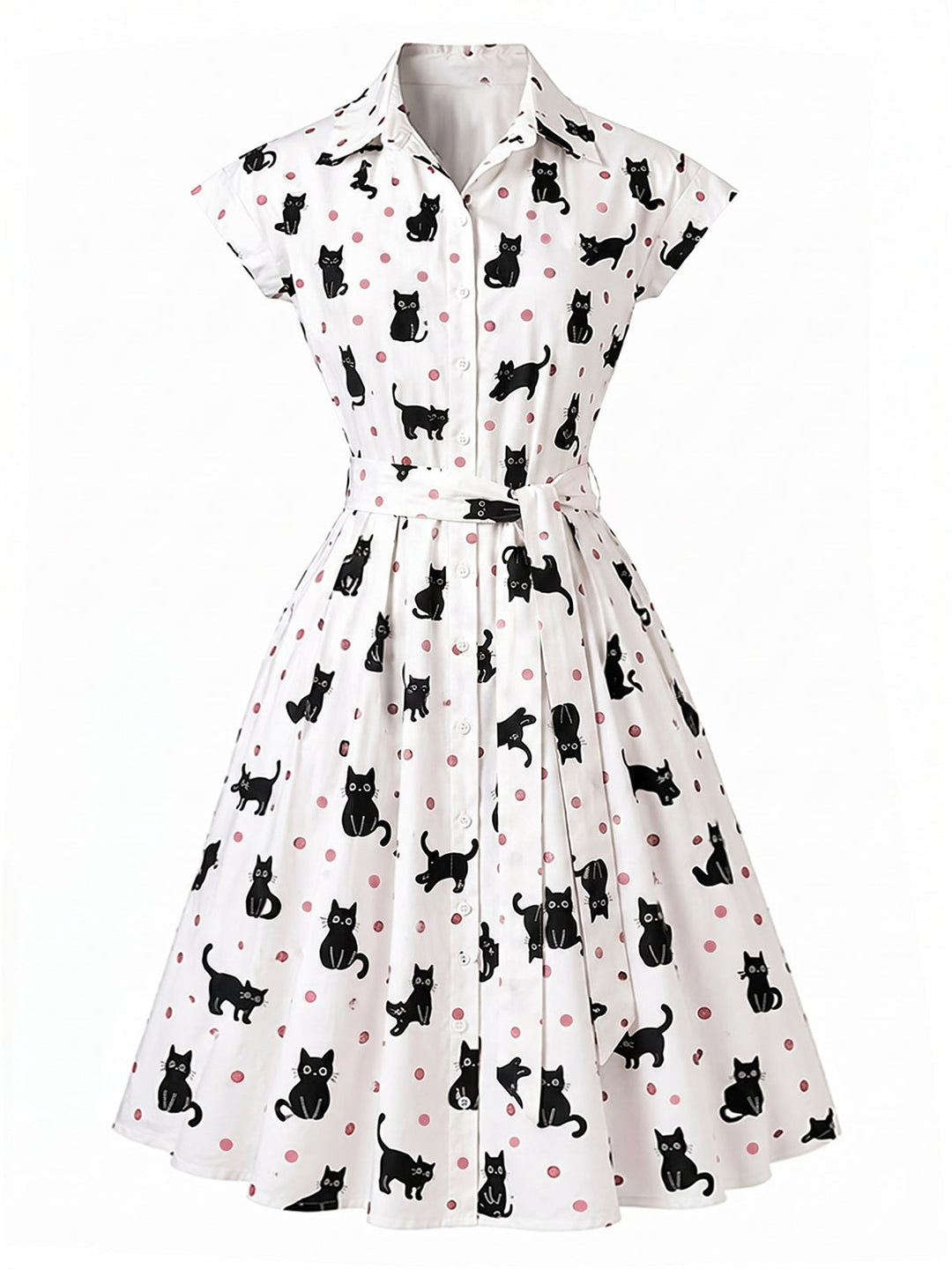 [Pre-Sale] 1950s Cat Polka Dot Belted Shirt Dress, vintage dress, retro fashion, rockabilly, pin-up fashion - perfect for women who love vintage and retro fashion