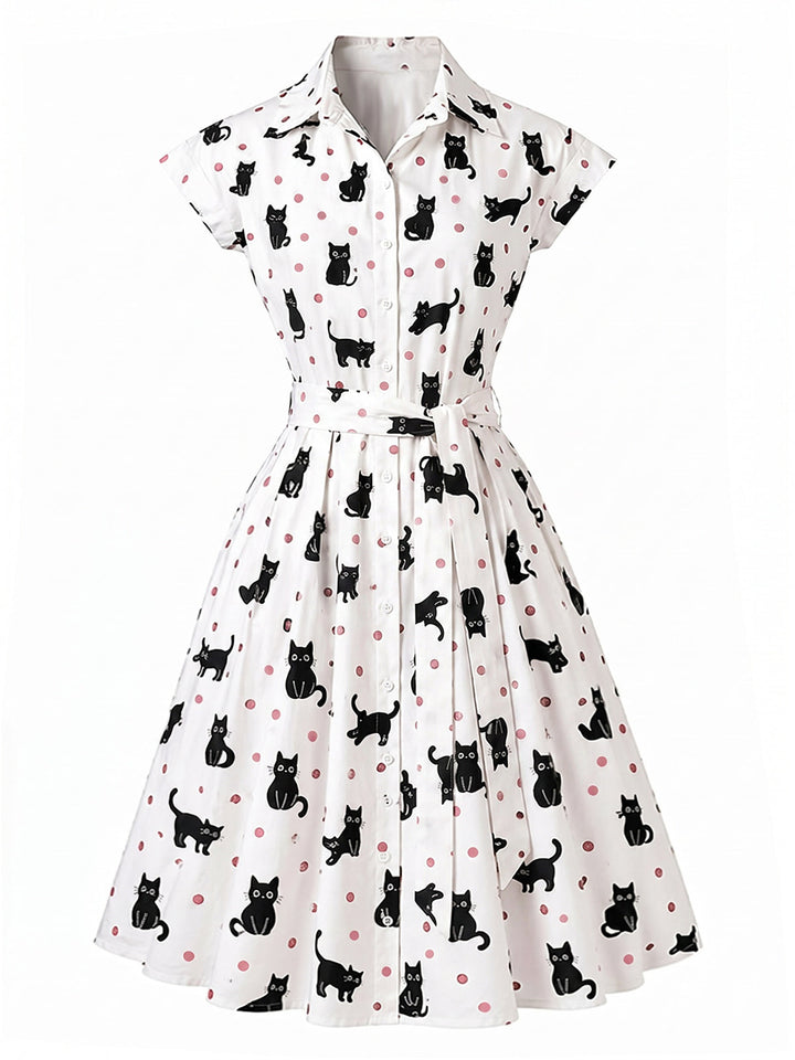 [Pre-Sale] 1950s Cat Polka Dot Belted Shirt Dress, vintage dress, retro fashion, rockabilly, pin-up fashion - perfect for women who love vintage and retro fashion