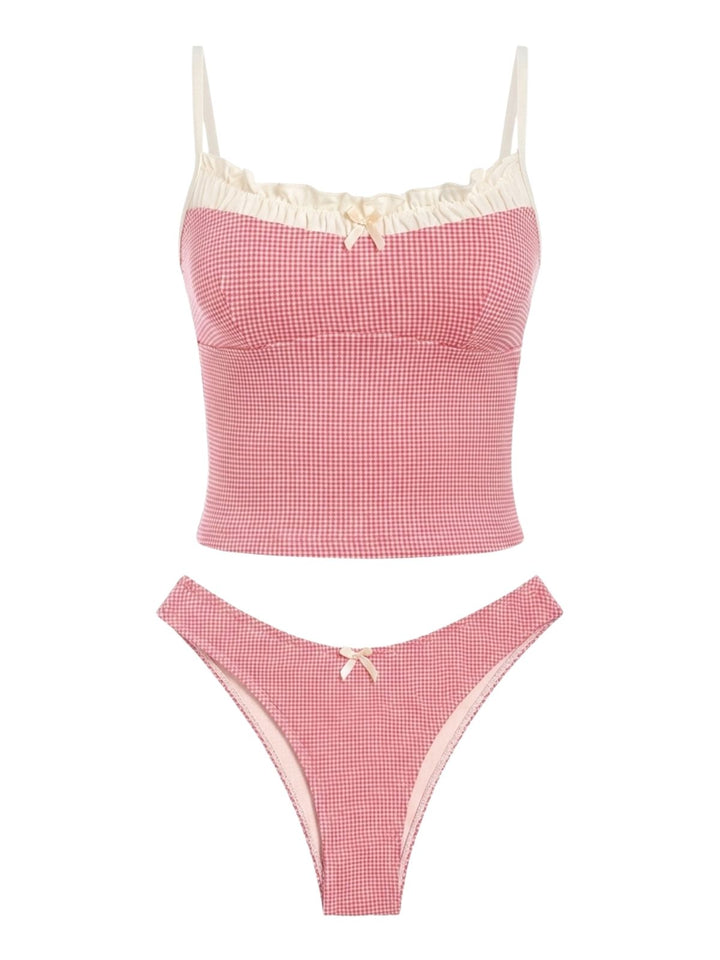1950s Checkered Lace Trim Tankini Set - vintage fashion, retro style, elegant red