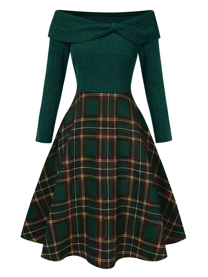 She slips into this 1950s Christmas Off Shoulder Tartan Dress and suddenly it&