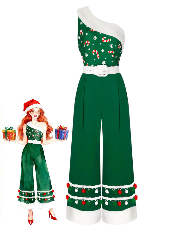 She adds this 1950s Christmas One Shoulder Fur Ball Belted Jumpsuit and suddenly it&