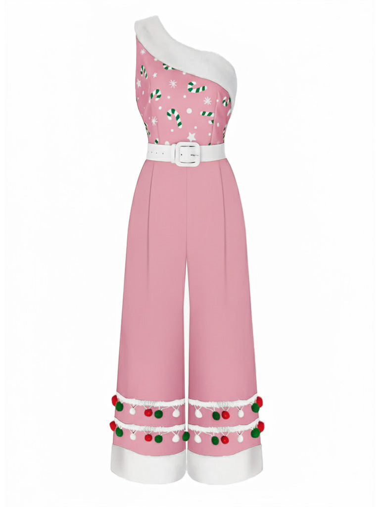 She adds this 1950s Christmas One Shoulder Fur Ball Belted Jumpsuit and suddenly it&