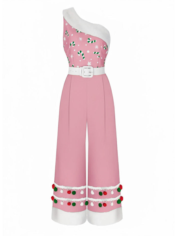 She adds this 1950s Christmas One Shoulder Fur Ball Belted Jumpsuit and suddenly it&