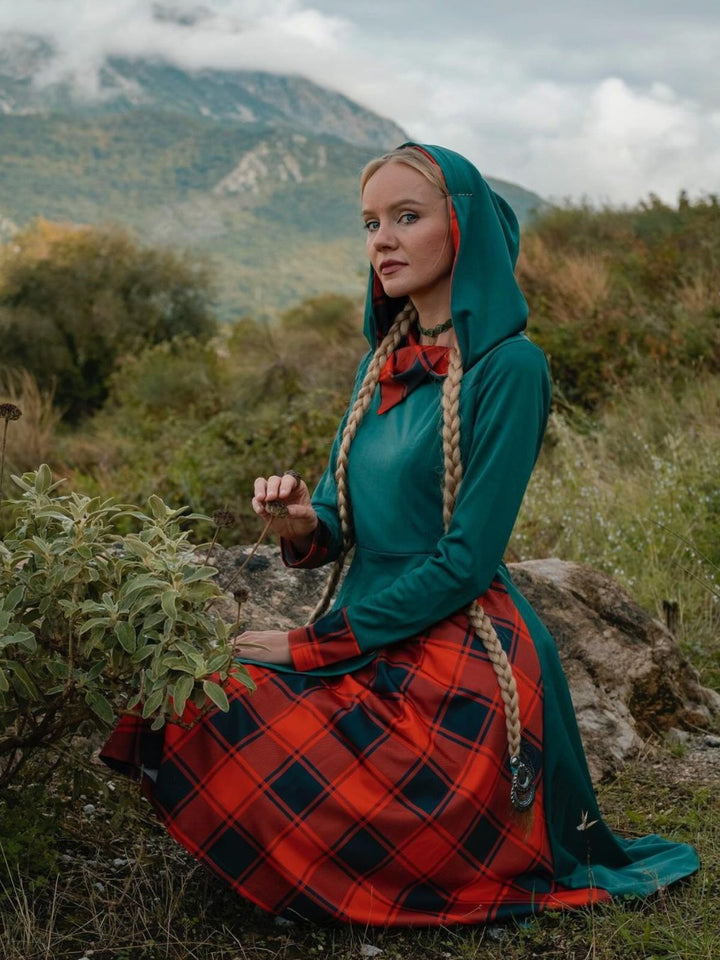 She slips into this &amp; 1950s Christmas Plaids Hooded Dress and suddenly it&