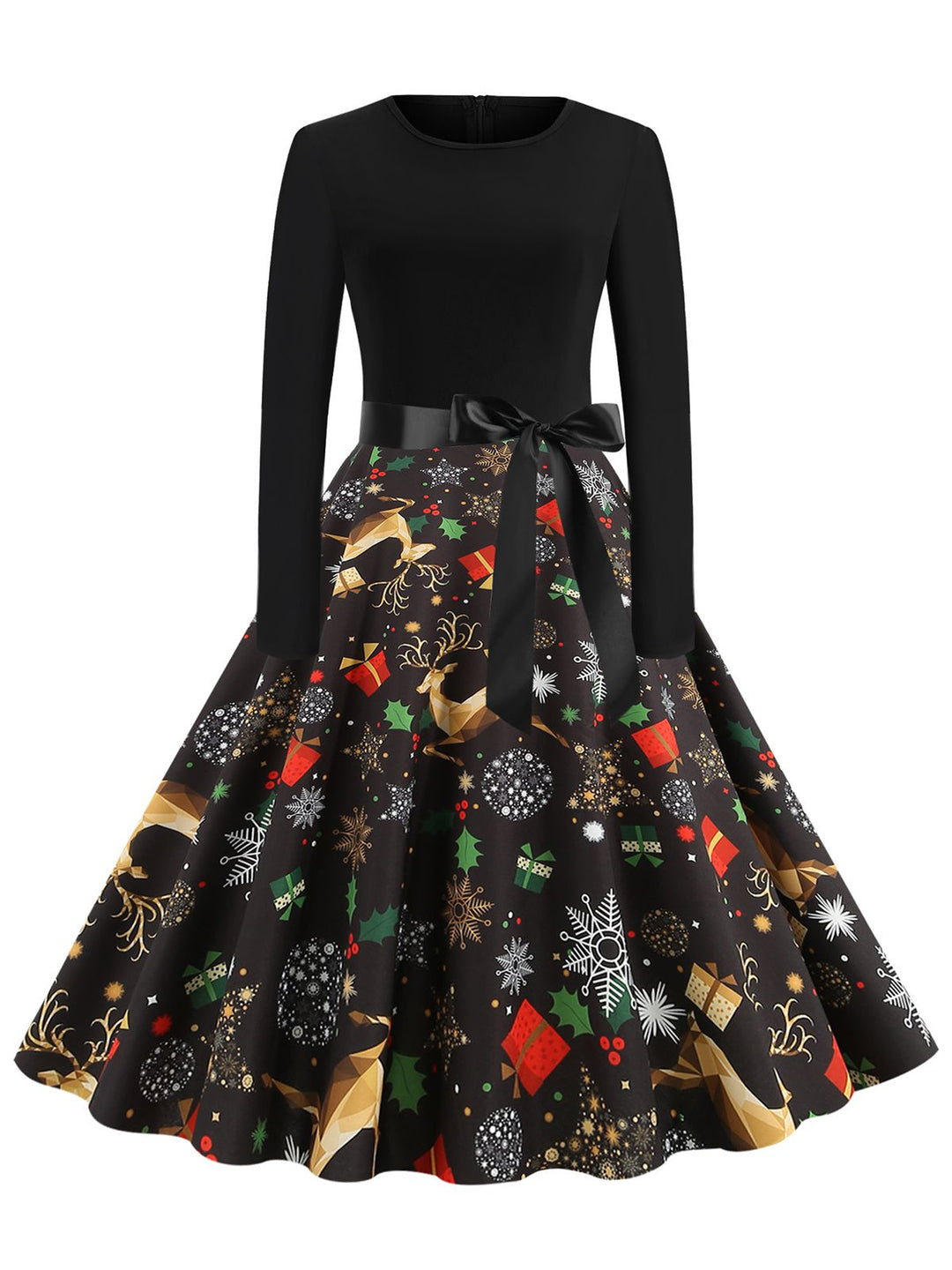 She slips into this 1950s Christmas Print Belted Dress and suddenly it&