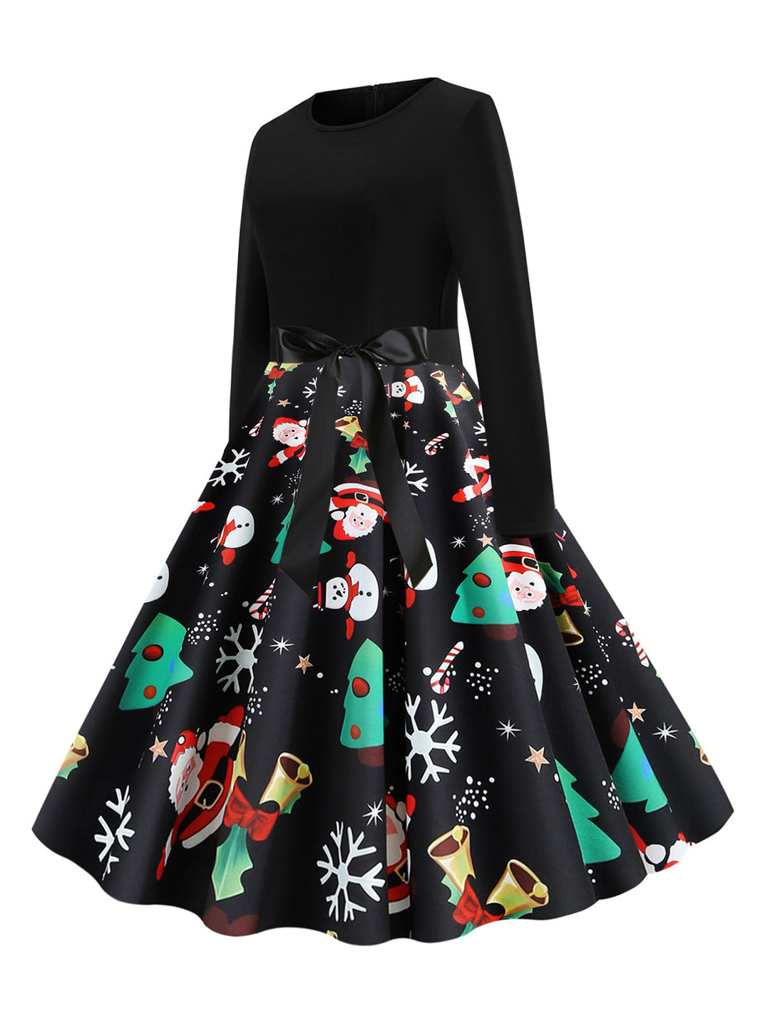 She slips into this 1950s Christmas Print Belted Dress and suddenly it&