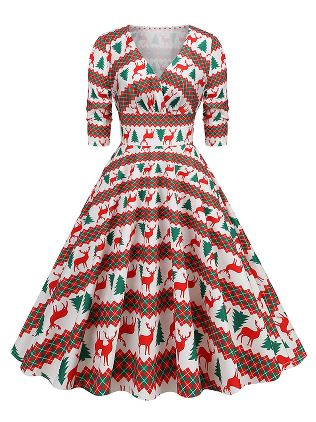 1950s Christmas V-Neck Mid-Sleeve Dress, vintage dress, retro fashion, rockabilly, pin-up fashion - perfect for women who love vintage and retro fashion