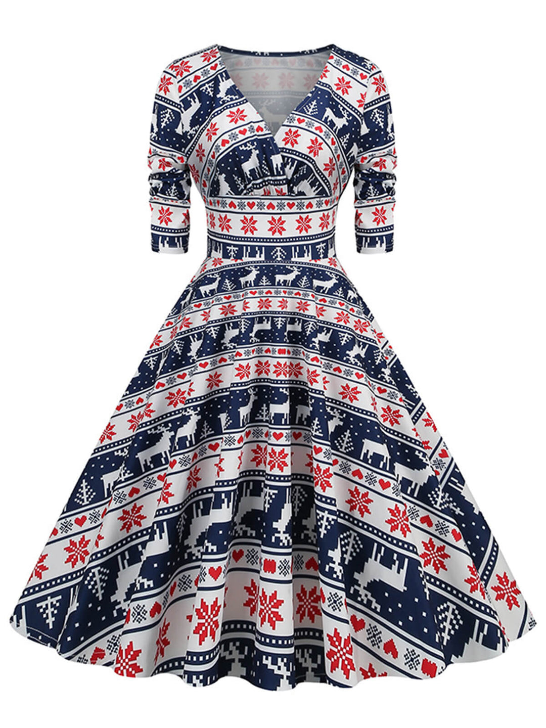 1950s Christmas V-Neck Mid-Sleeve Dress, vintage dress, retro fashion, rockabilly, pin-up fashion - perfect for women who love vintage and retro fashion
