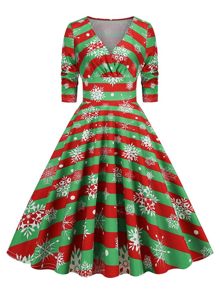 1950s Christmas V-Neck Mid-Sleeve Dress, vintage dress, retro fashion, rockabilly, pin-up fashion - perfect for women who love vintage and retro fashion