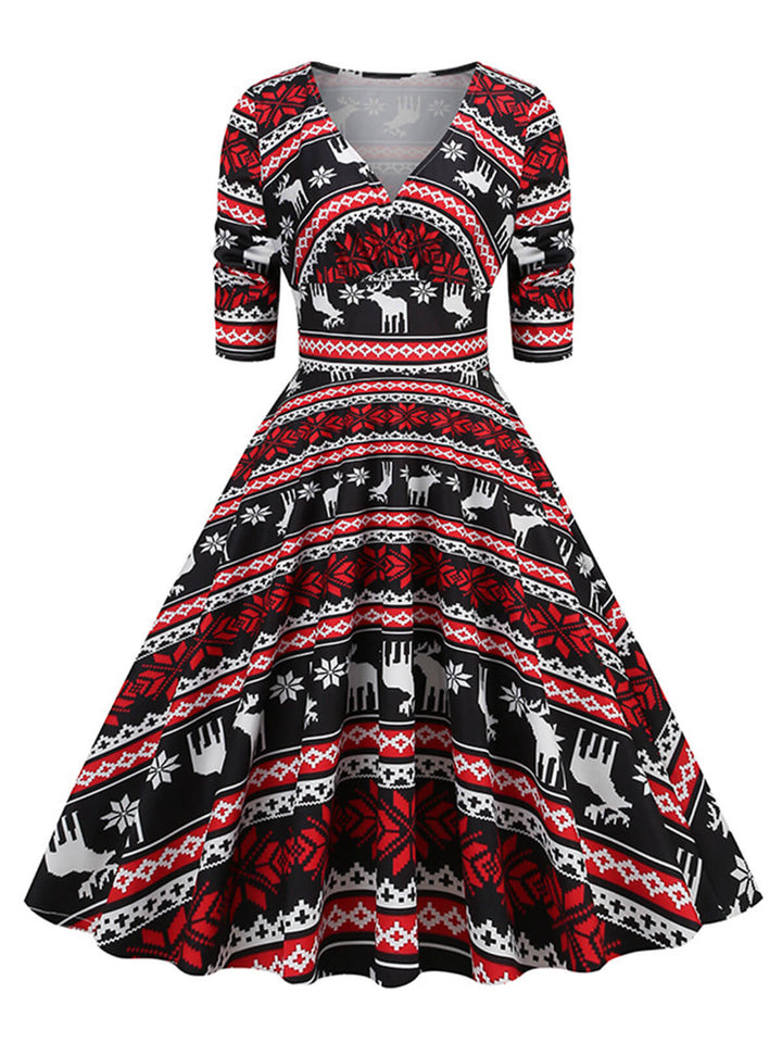 1950s Christmas V-Neck Mid-Sleeve Dress, vintage dress, retro fashion, rockabilly, pin-up fashion - perfect for women who love vintage and retro fashion