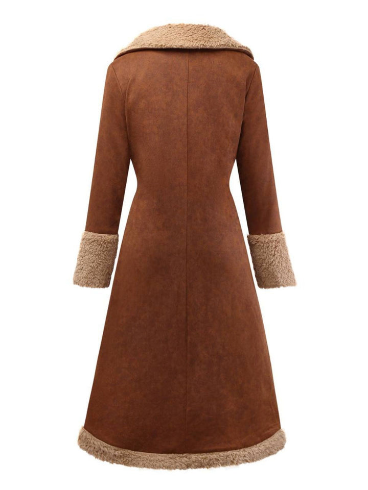 Brown 1950s Faux Suede Notched Collar Button Trench Coat - vintage fashion, style