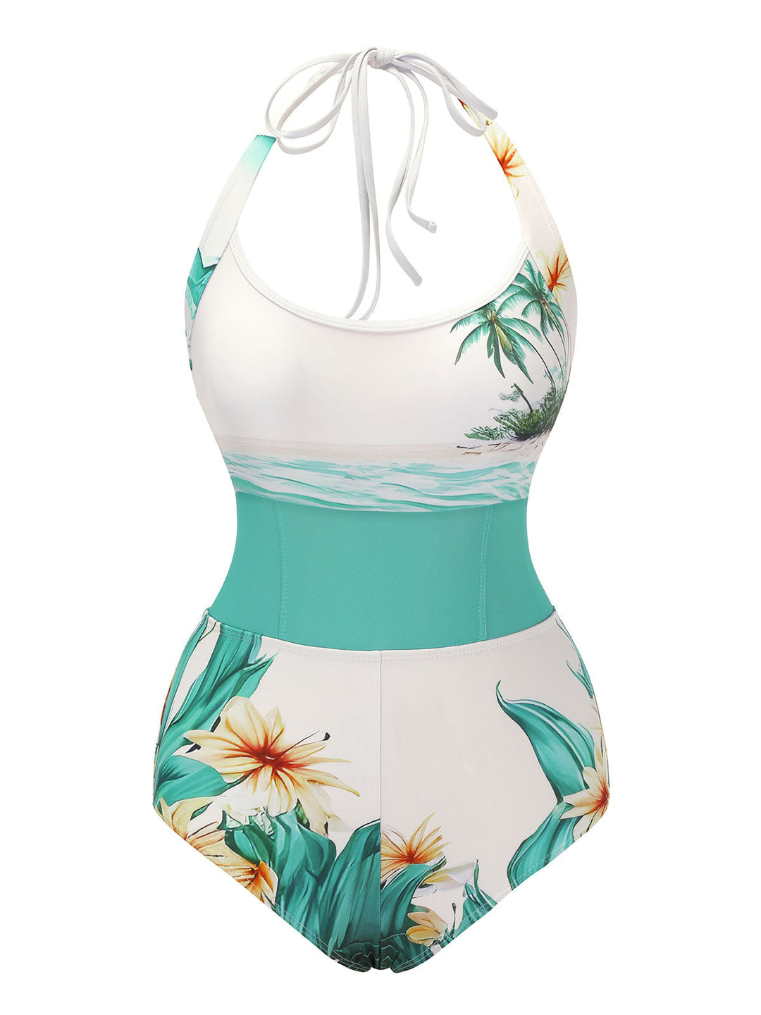 1950s Coconut Tree &amp; Beach Patchwork Swimsuit, vintage swimsuit, pin-up swimwear - perfect for women who love vintage and retro fashion