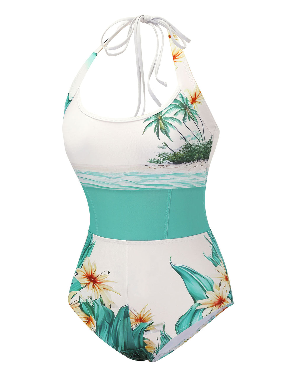 1950s Coconut Tree &amp; Beach Patchwork Swimsuit, vintage swimsuit, pin-up swimwear - perfect for women who love vintage and retro fashion