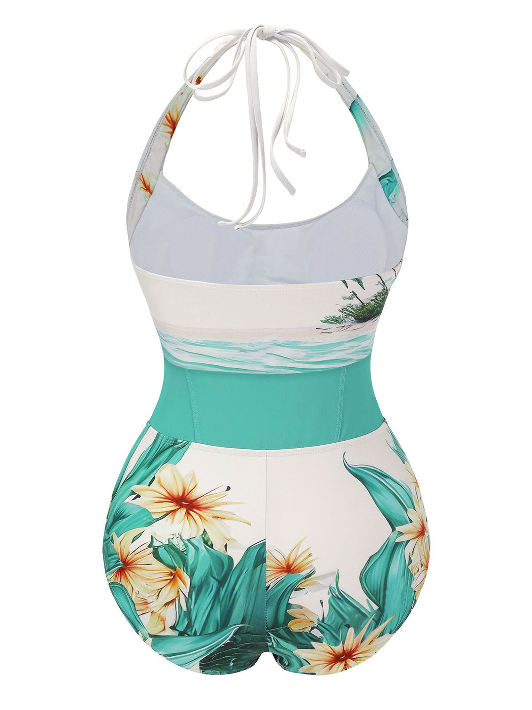 1950s Coconut Tree &amp; Beach Patchwork Swimsuit, vintage swimsuit, pin-up swimwear - perfect for women who love vintage and retro fashion