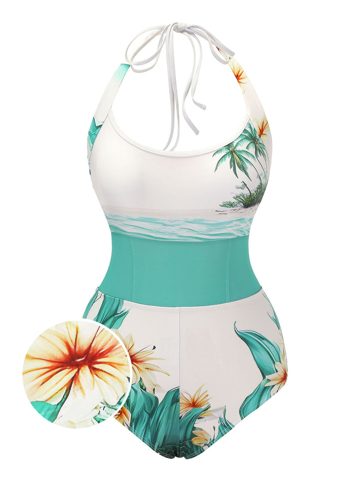1950s Coconut Tree &amp; Beach Patchwork Swimsuit, vintage swimsuit, pin-up swimwear - perfect for women who love vintage and retro fashion