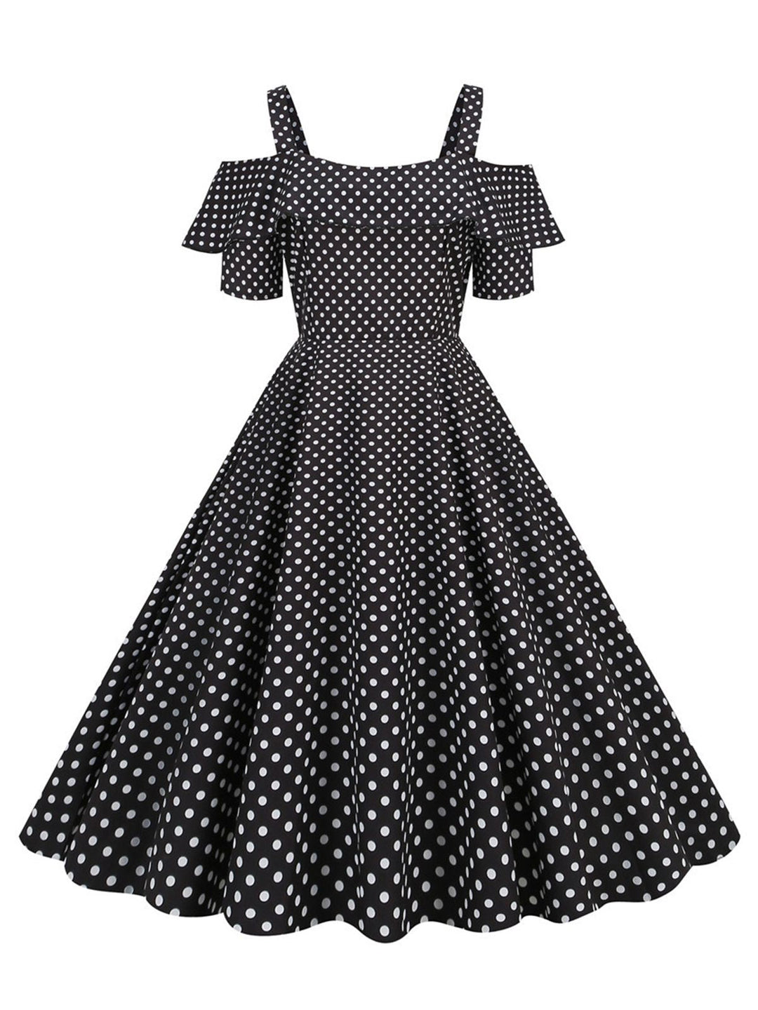 She slips into this 1950s Cold Shoulder Polka Dots Dress and suddenly it&