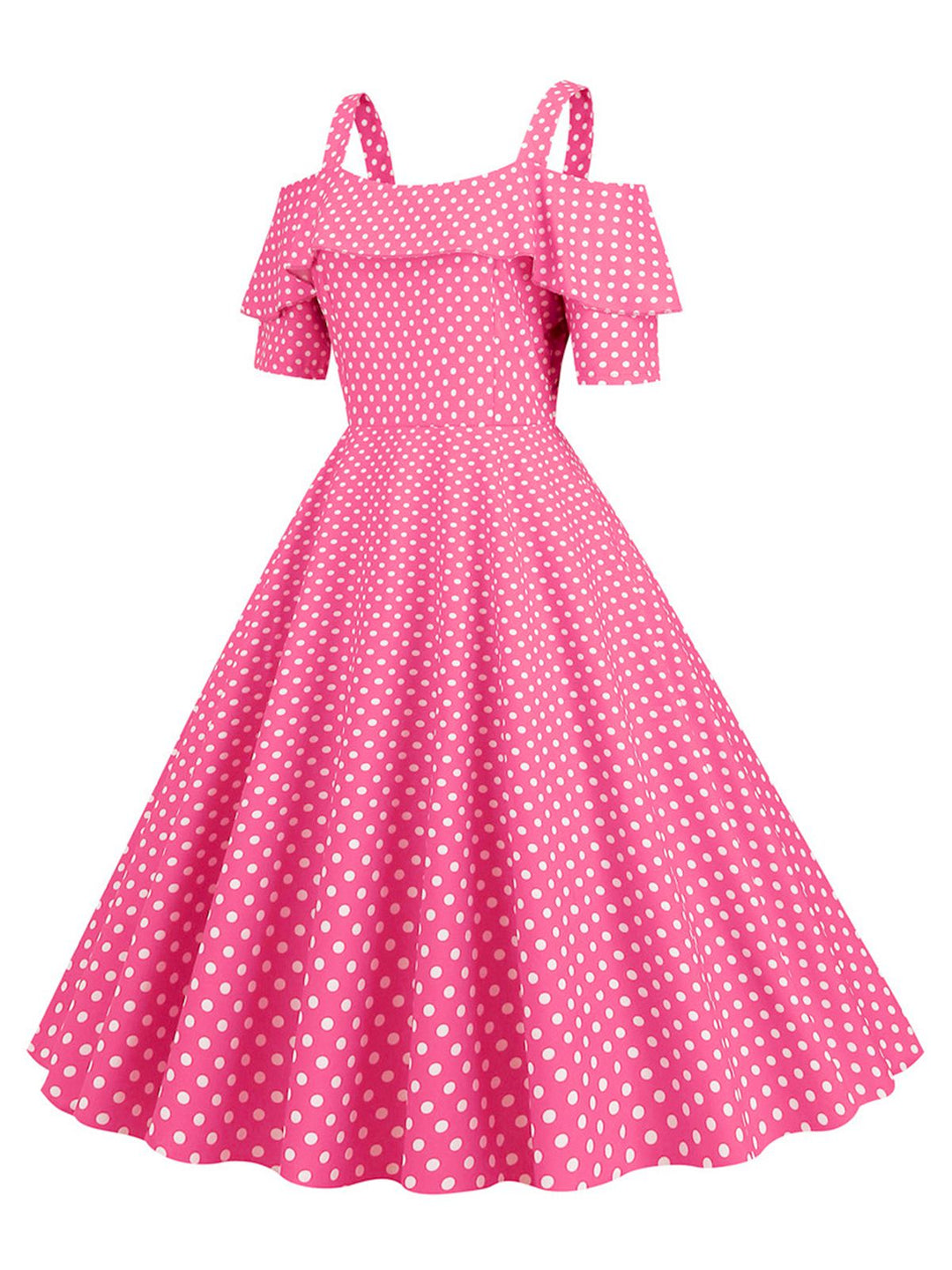 She slips into this 1950s Cold Shoulder Polka Dots Dress and suddenly it&
