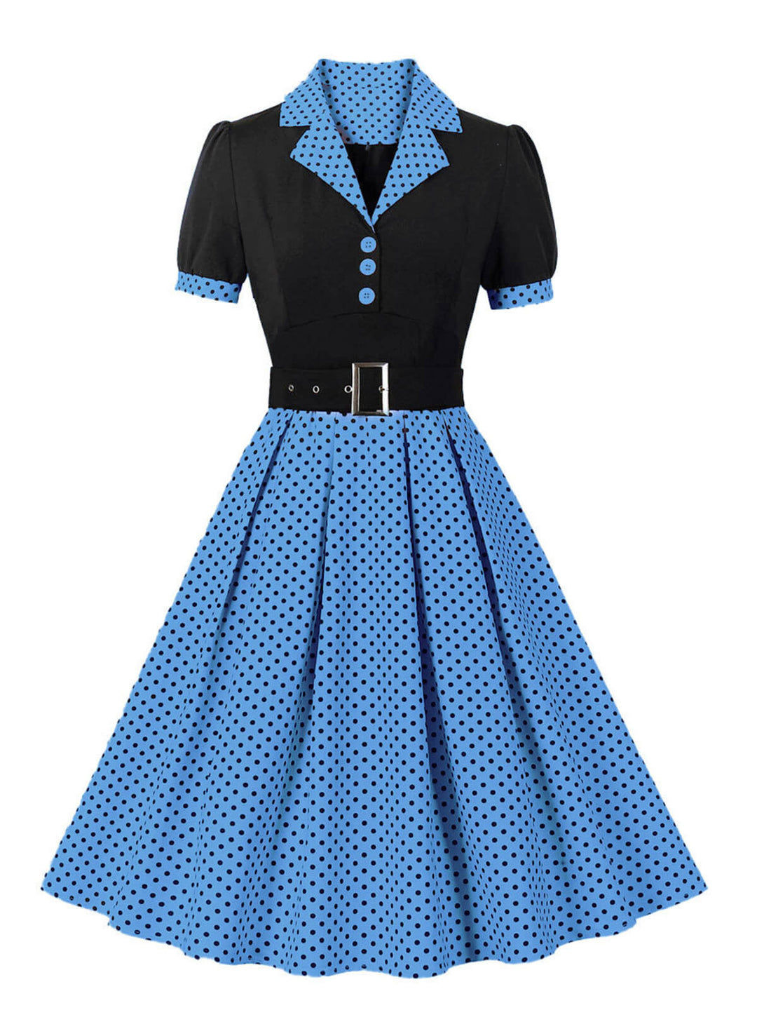 She slips into this 1950s Color Block Polka Dots Lapel Dress and suddenly it&