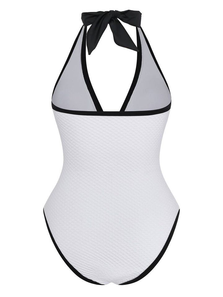 1950s Color Block V-Neck Backless Button Swimsuit - vintage swimsuit, pin-up style