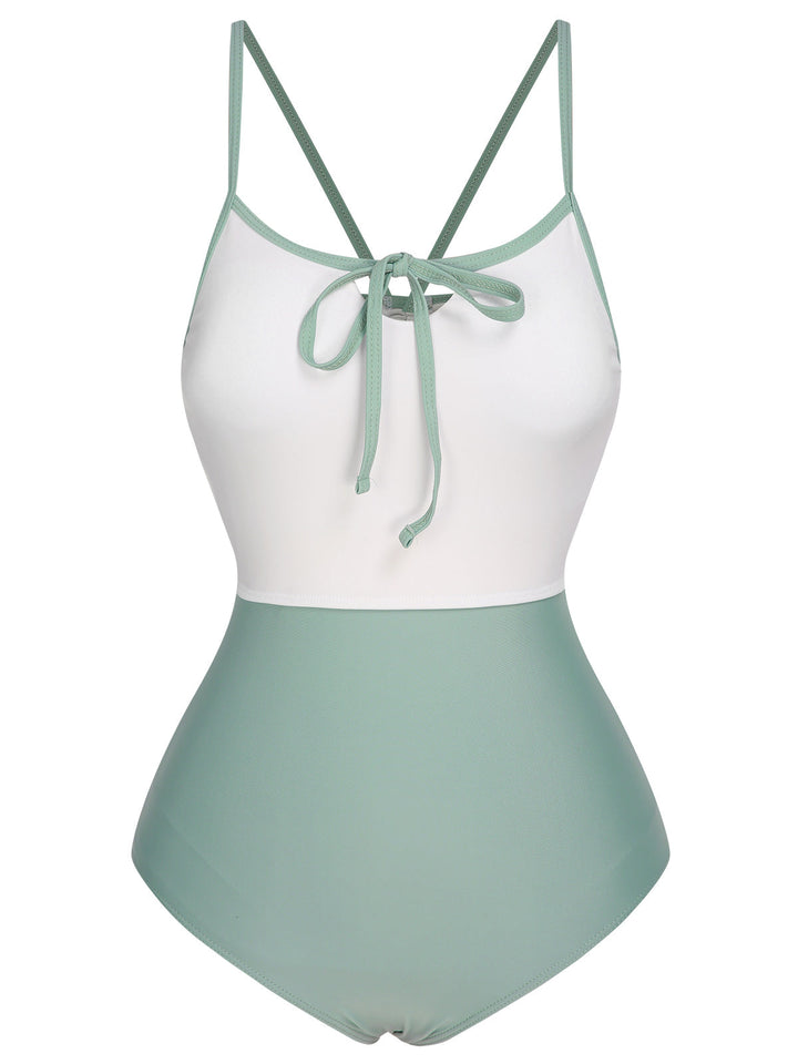 1950s Color Contrast BowKnot Strap Swimsuit, vintage swimsuit, pin-up swimwear - perfect for women who love vintage and retro fashion