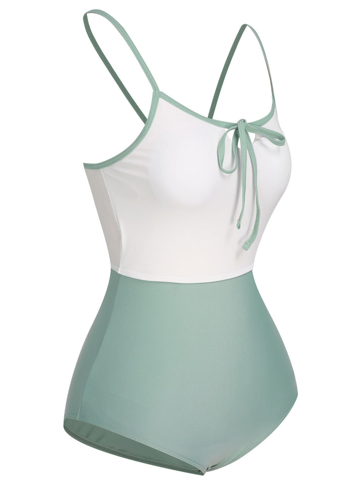1950s Color Contrast BowKnot Strap Swimsuit, vintage swimsuit, pin-up swimwear - perfect for women who love vintage and retro fashion
