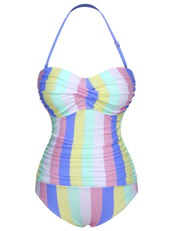 1950s Colorful Striped One-Piece Swimsuit, vintage swimsuit, pin-up swimwear - perfect for women who love vintage and retro fashion