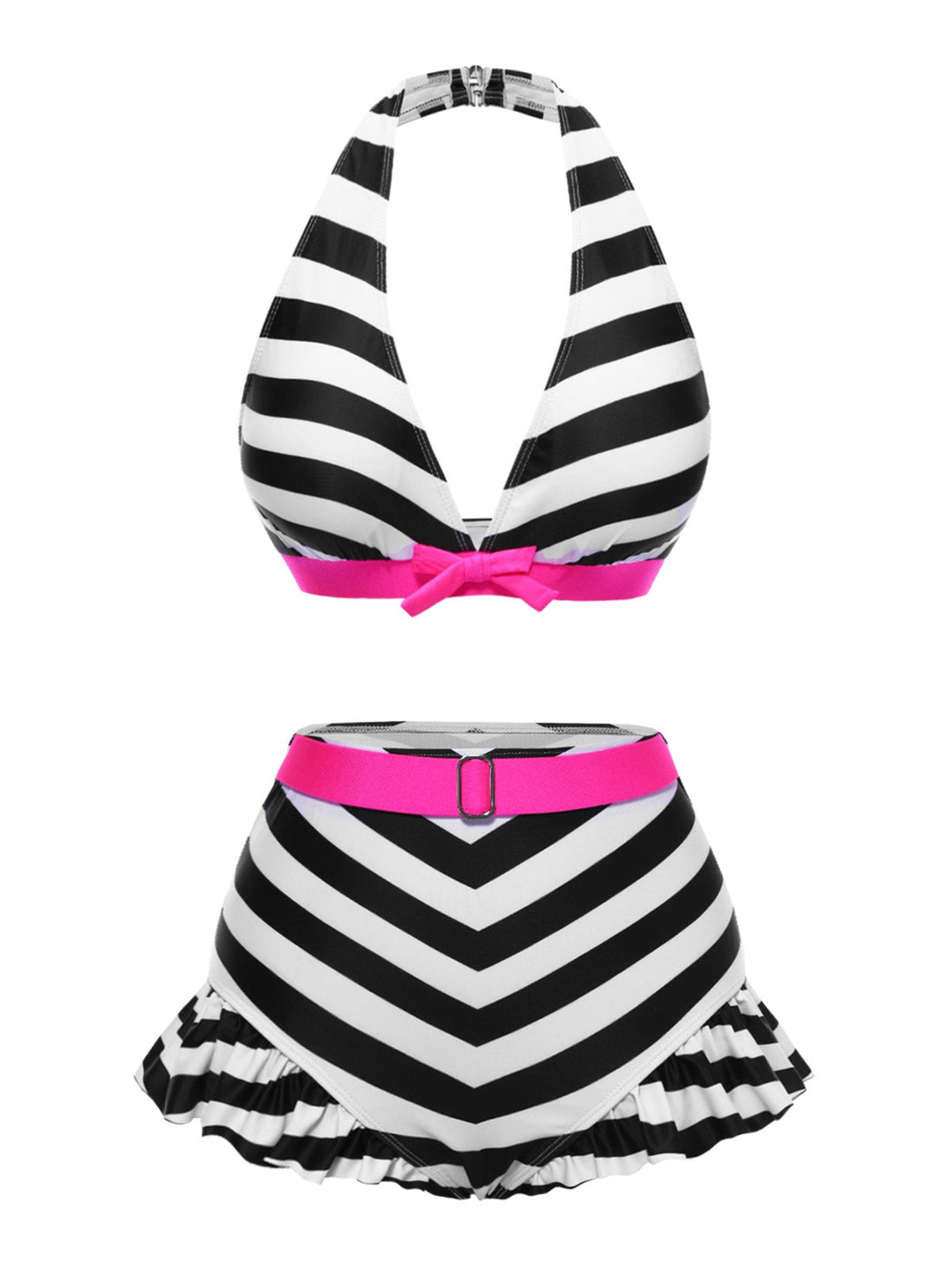 1950s Contrast Bow Ruffle Stripes Bikini: 1950s Riviera elegance, reimagined for her
