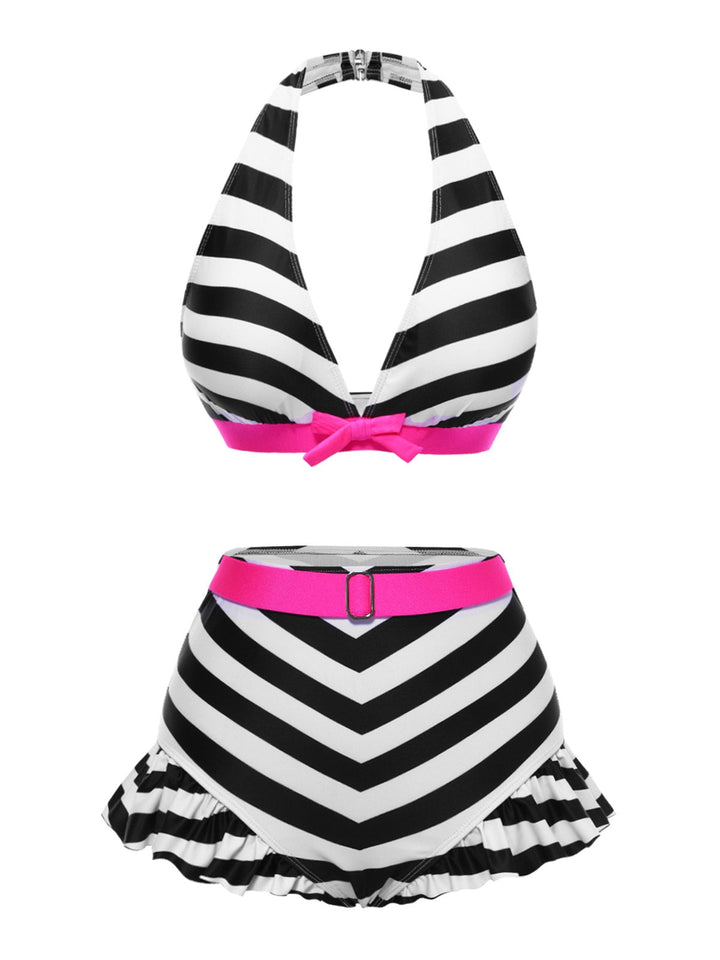 1950s Contrast Bow Ruffle Stripes Bikini: 1950s Riviera elegance, reimagined for her