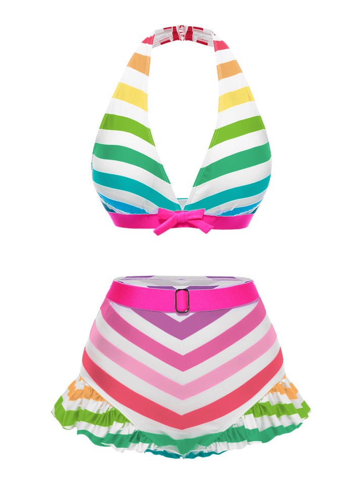 This 1950s Contrast Bow Ruffle Stripes Bikini carries 1950s vacation dreams in every stitch