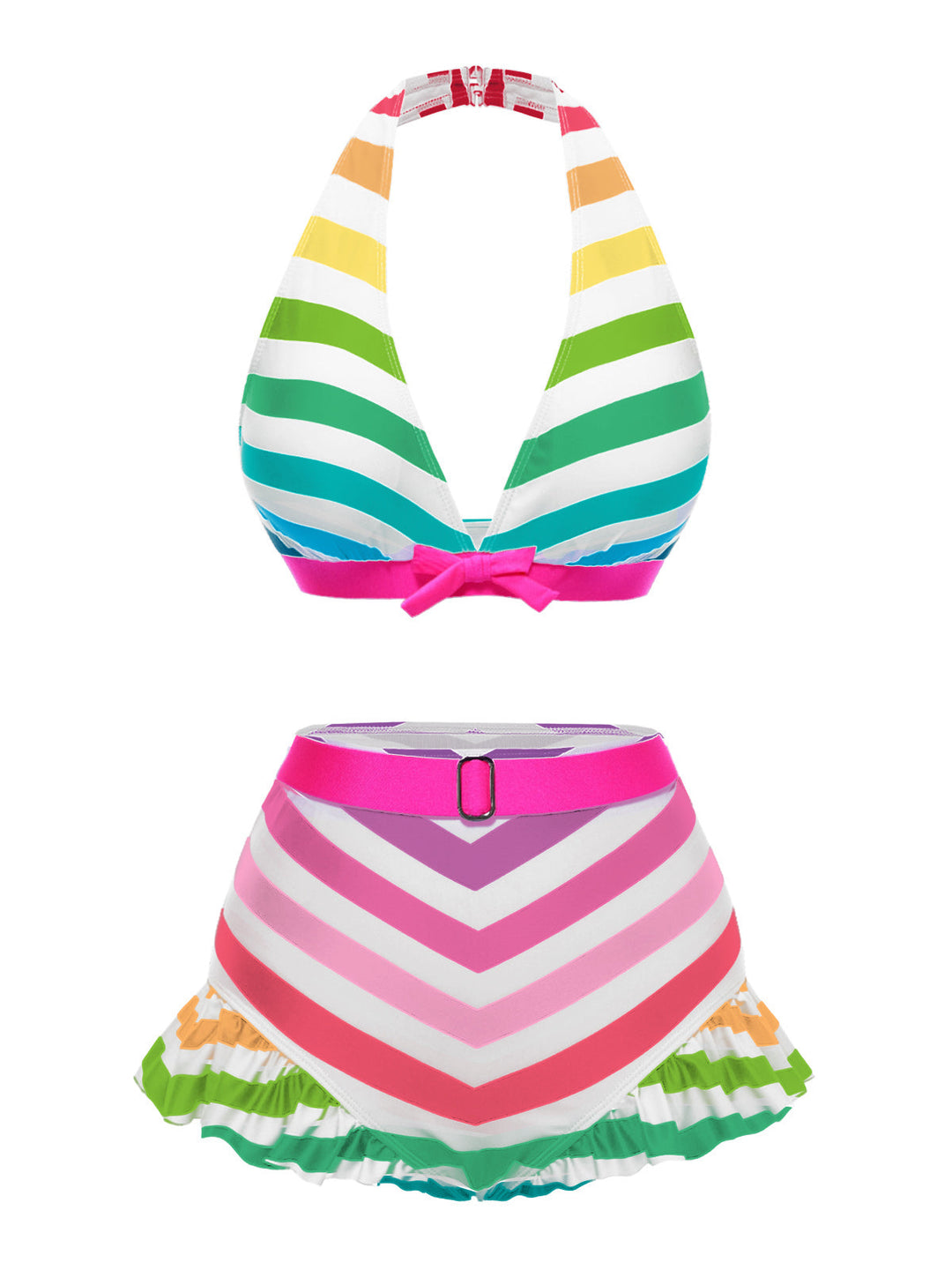 This 1950s Contrast Bow Ruffle Stripes Bikini carries 1950s vacation dreams in every stitch