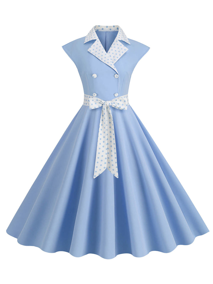 She slips into this 1950s Contrast Polka Dots Bowknot Belted Dress and suddenly it&