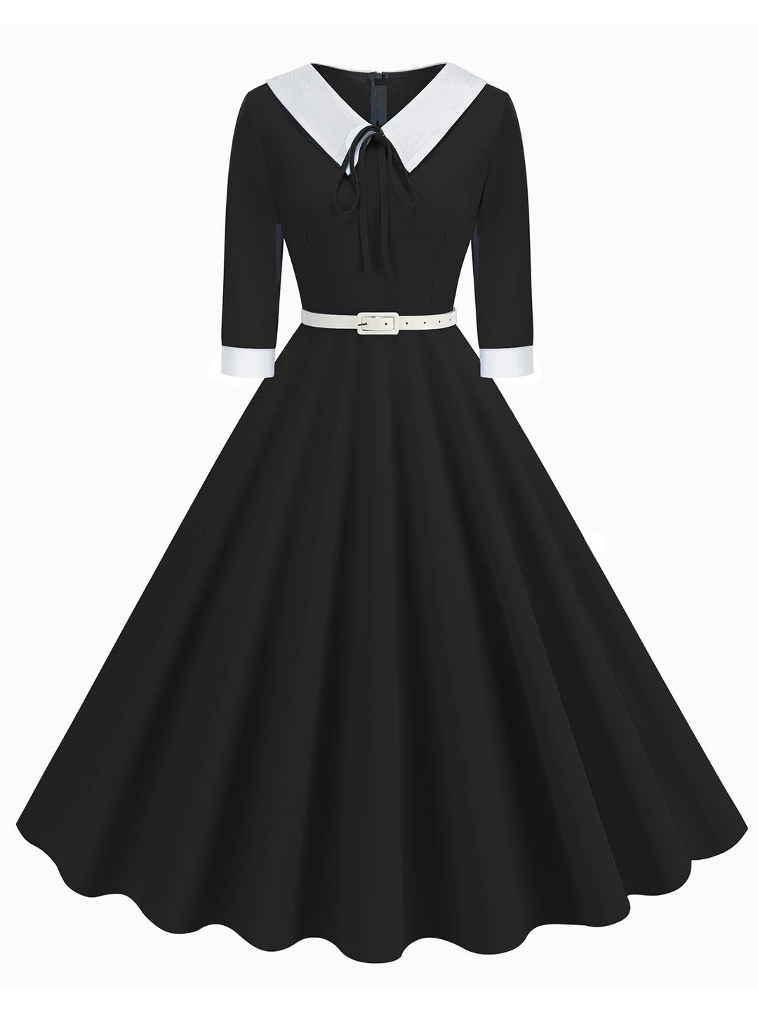 This 1950s Contrast Tie Neck Belted Lapel Dress wraps her in 1950s elegance, one twirl at a time