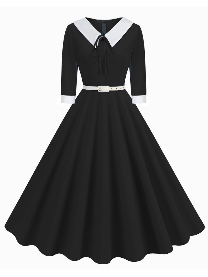 This 1950s Contrast Tie Neck Belted Lapel Dress wraps her in 1950s elegance, one twirl at a time