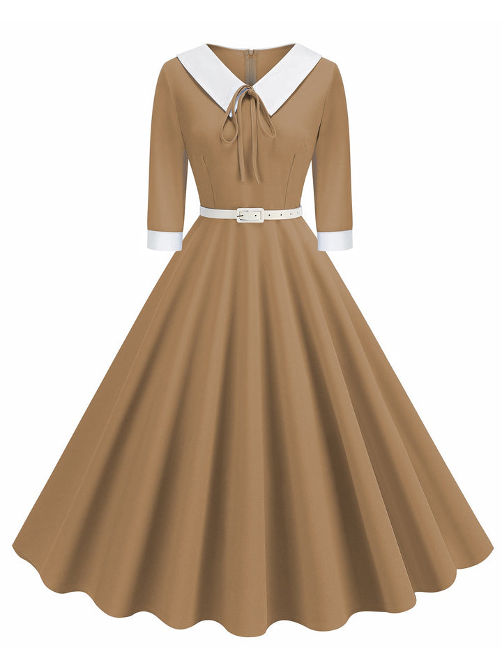 1950s Contrast Tie Neck Belted Lapel Dress: where 1950s romance meets her modern spirit
