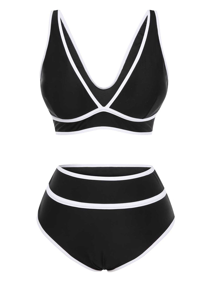 1950s Contrast Trim High Waist Bikini Set - vintage fashion, retro style