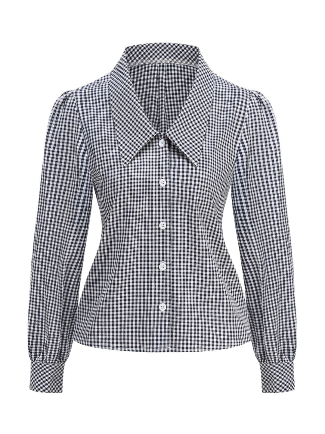 1950s Cotton Gingham Lantern Sleeve Chelsea Collar Blouse - vintage top, retro blouse for vintage lovers