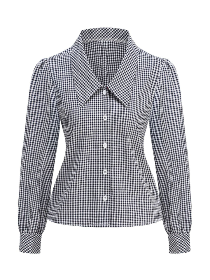 1950s Cotton Gingham Lantern Sleeve Chelsea Collar Blouse - vintage top, retro blouse for vintage lovers