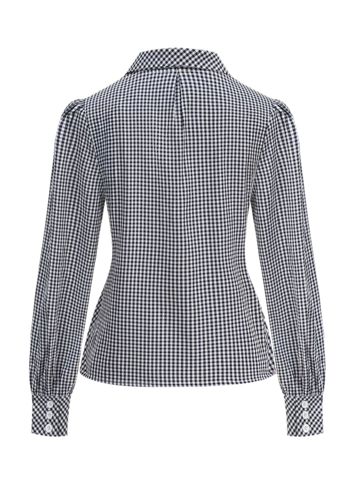 1950s Cotton Gingham Lantern Sleeve Chelsea Collar Blouse - vintage top, retro blouse for vintage lovers