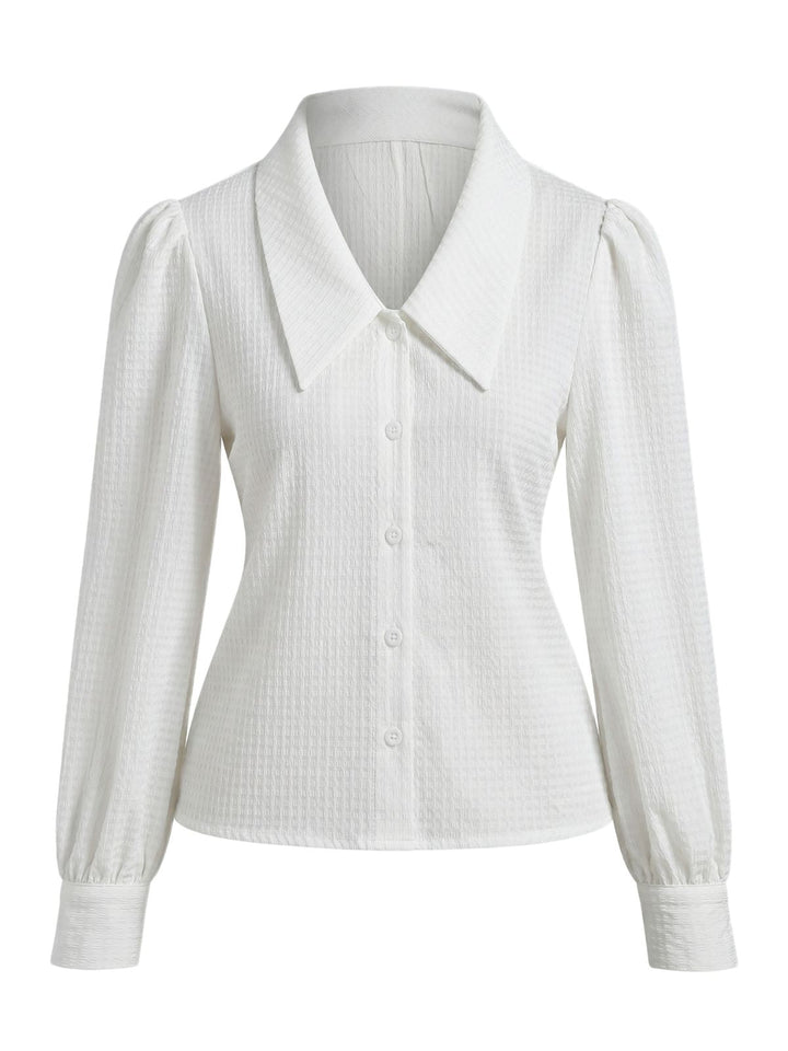 1950s Cotton Gingham Lantern Sleeve Chelsea Collar Blouse - vintage top, retro blouse for vintage lovers