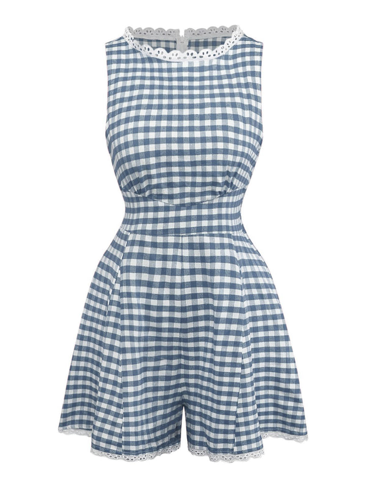 1950s Cotton Lace Patchwork Gingham Plaid Romper - vintage jumpsuit, retro fashion