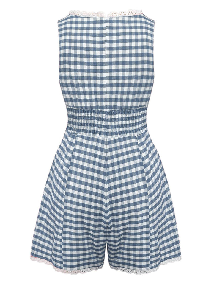 1950s Cotton Lace Patchwork Gingham Plaid Romper - vintage jumpsuit, retro fashion