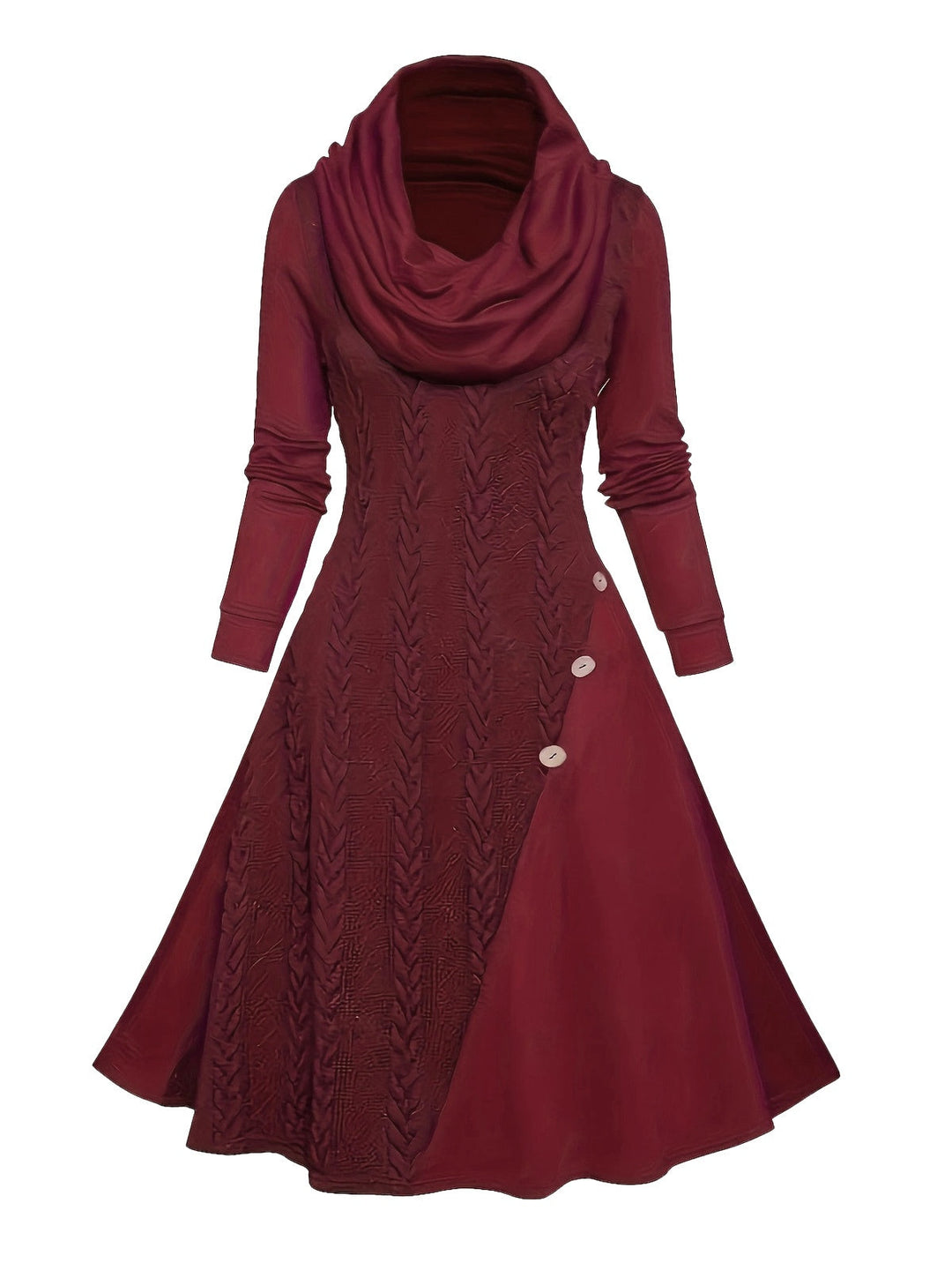 She slips into this 1950s Cowl Neck Knit Patchwork Swing Dress and suddenly it&