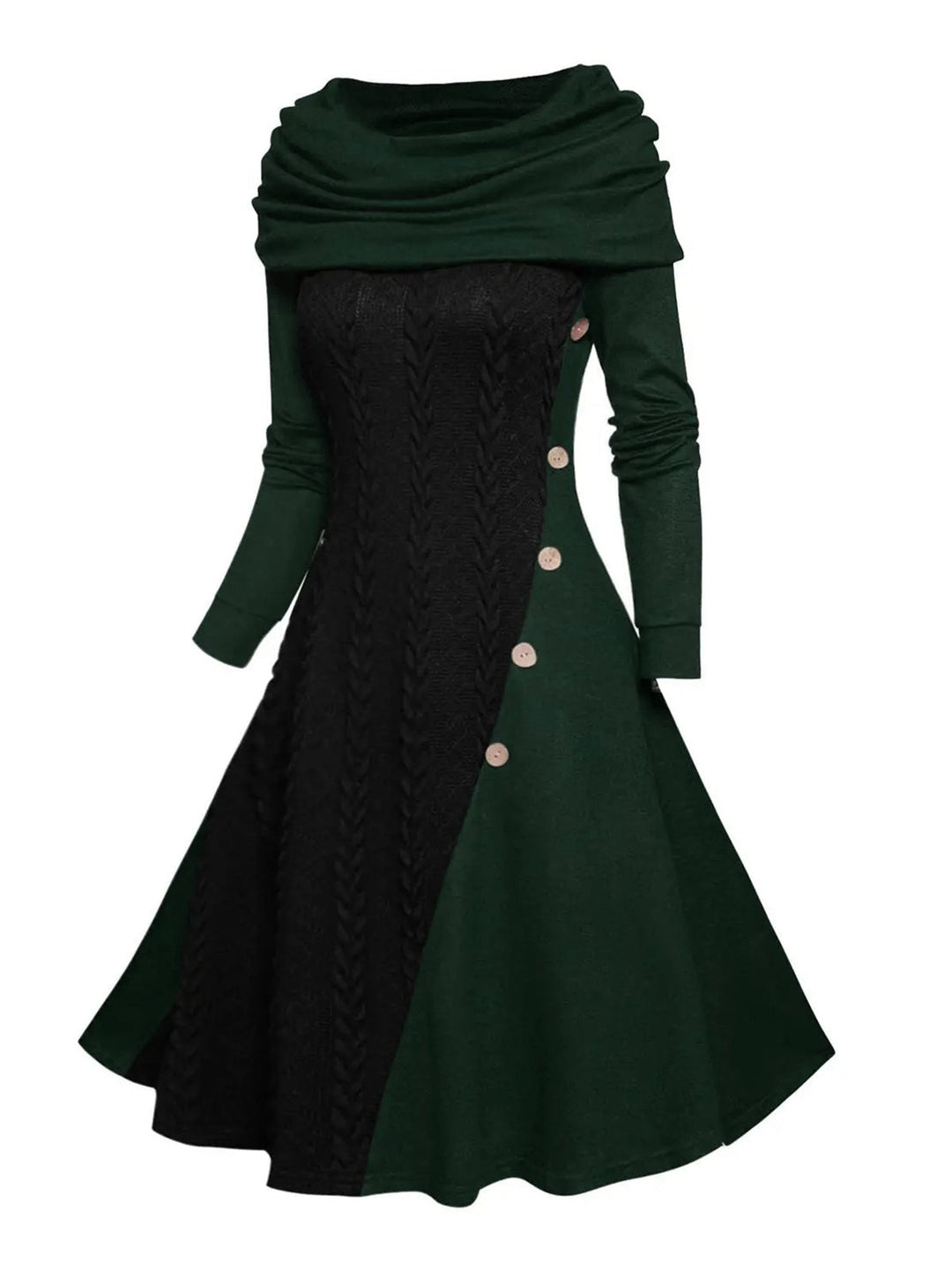 She slips into this 1950s Cowl Neck Knit Patchwork Swing Dress and suddenly it&