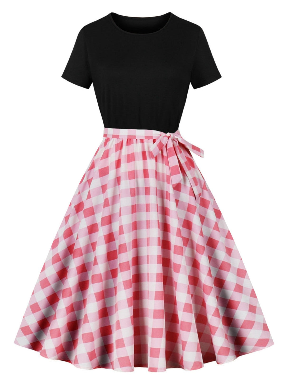 She slips into this 1950s Crew Neck Patchwork Swing Dress and suddenly it&