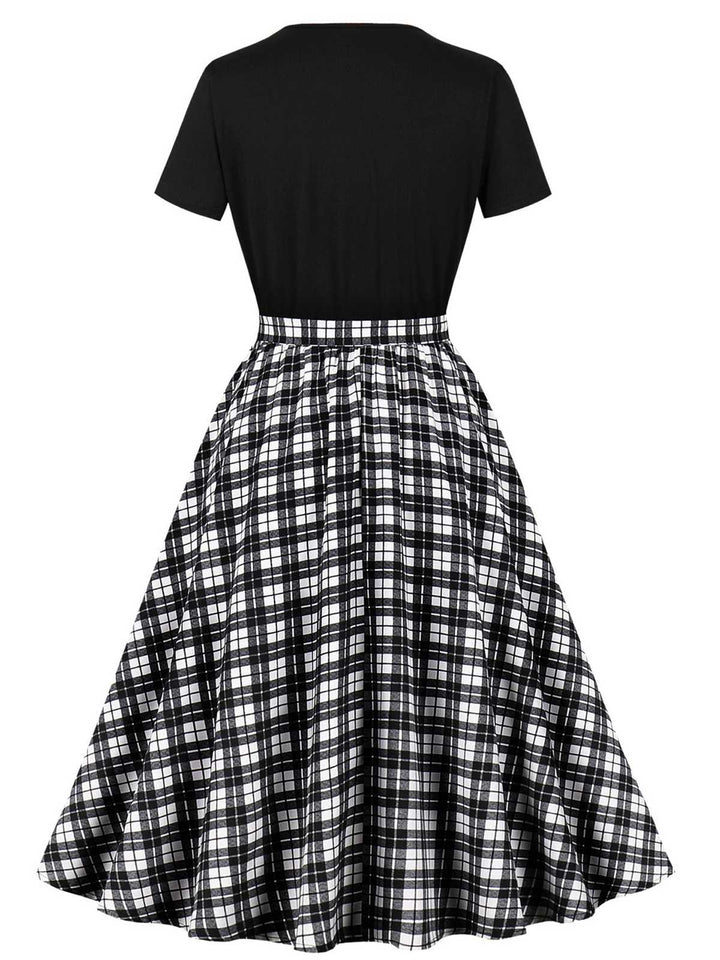 Black 1950s Crew Neck Patchwork Swing Dress, vintage dress, retro fashion, rockabilly, pin-up fashion - perfect for women who love vintage and retro fashion