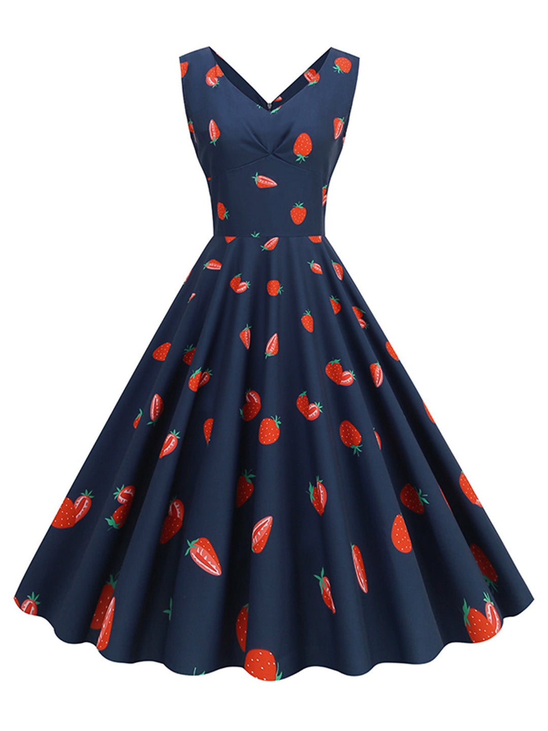 She slips into this 1950s Daisy &amp; Strawberry Print Sleeveless Dress and suddenly it&